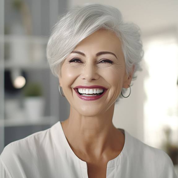 Smiling older woman with dental veneers in Fair Oaks